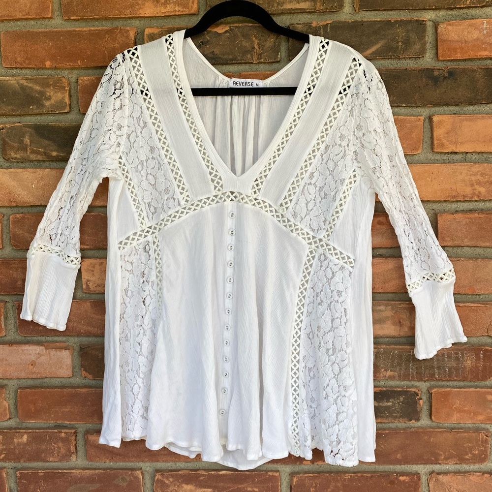 Reverse 3/4 sleeve white lace blouse top